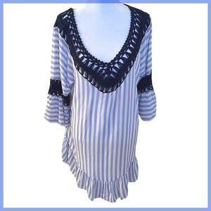India Boutique Crochet Trim Blue White Striped Bell Sleeve Casual Tunic